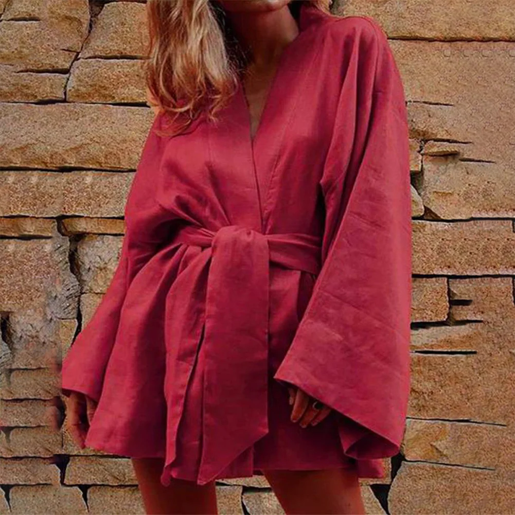 

Bikitique Knitted Loose Bell Sleeve Deep V-Neck Mini Party Dress Women Belt Vintage Plus Sexy Dress New Holiday Dress Vestidos