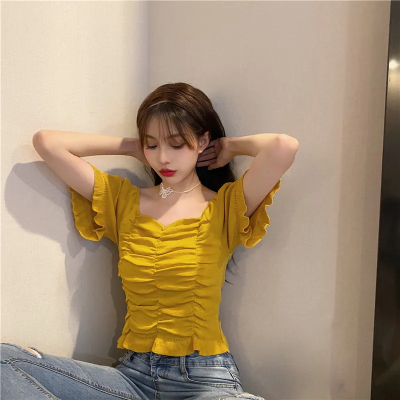

Women's Summer Knitting Thin Cotta Bottoming Shirts Slim Short blouse