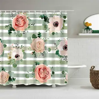 

Shower Curtain Set with Hooks Soap Resistant Pink Rose Red Flower Mint Stripe Auqa Painting Geometric Stripe Waterproof Bathroom