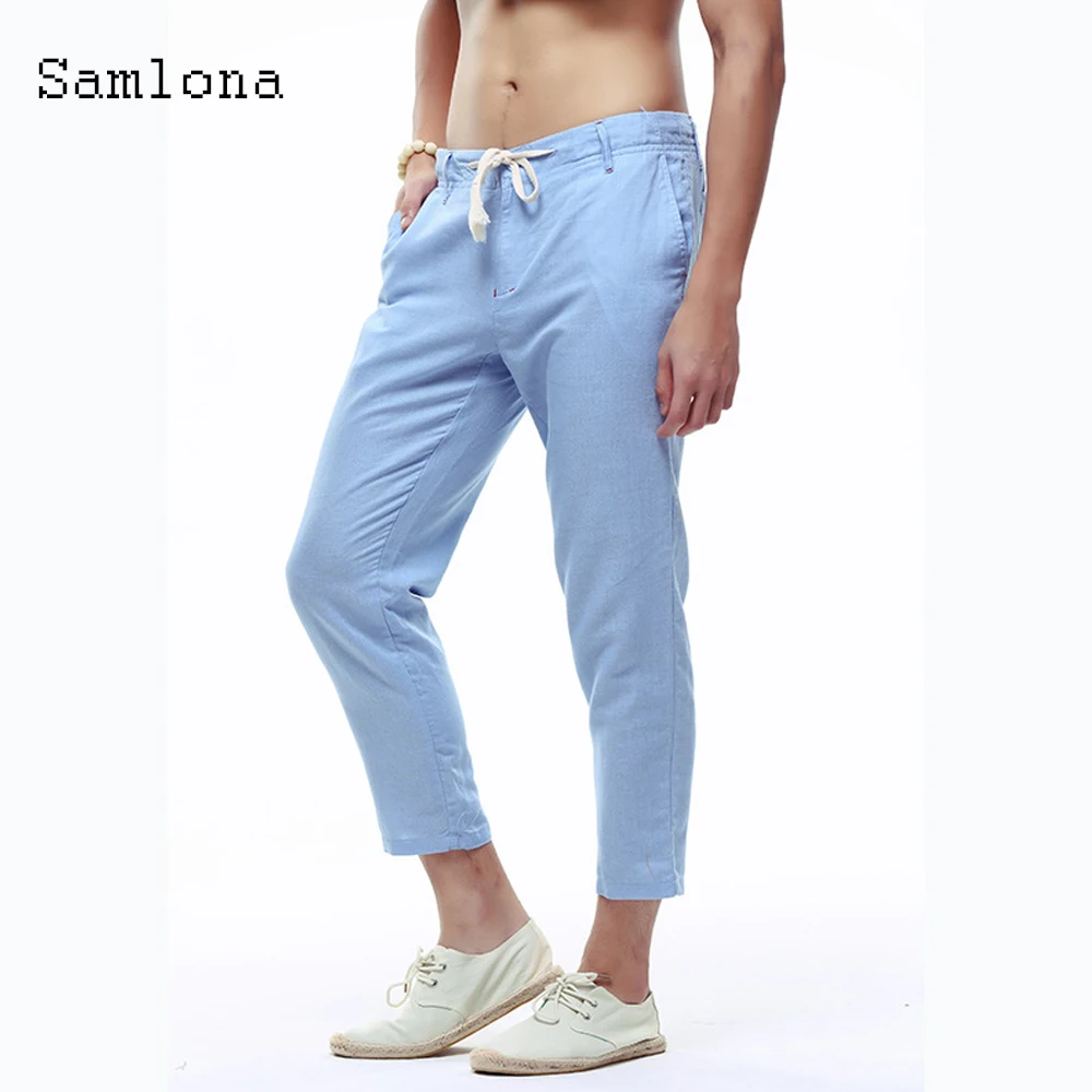 

Samlona Blue Khaki Pants Men Linen Trousers Summer Joggers Casual Male Solid Drawstring Straight Loose Sports Running Pants