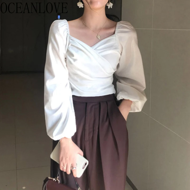 

OCEANLOVE Velvet Sexy V Neck Women Blouses Solid Pleated Lantern Sleeve Blusas Mujer Short Office Lady 2020 Spring Shirts 13704