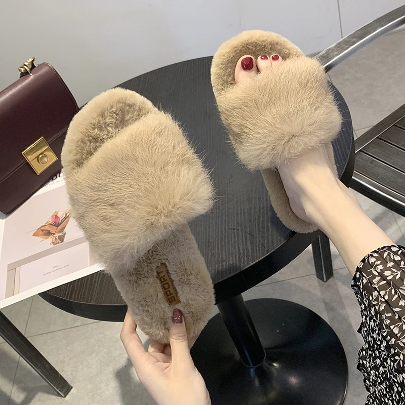 Hot Sale Women Slippers Fashion Fluffy Faux Fur Plush Slippers Women Spring Autumn Slides Flip Flops Flat Shoes 35-40 g754