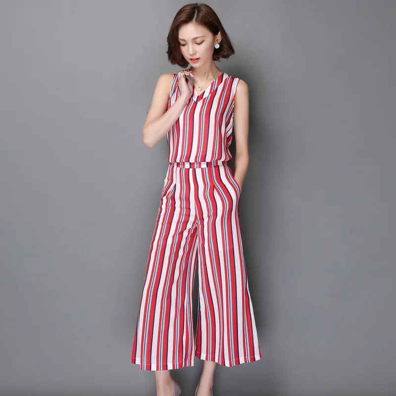 

2016 Summer New Style Korean-style Large Size Slimming Chiffon Vest Loose Pants Stripes Two-Piece Set Women's Fashion