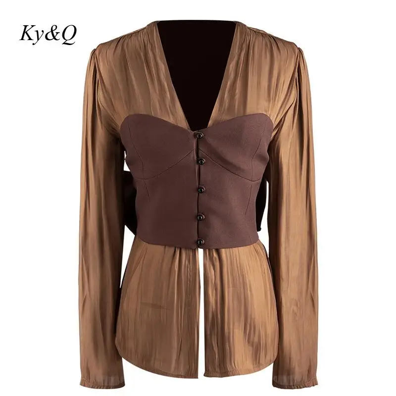 

2019 Women Fashion Street Wear Thin bright silk Show Brands Designer Autumn Long Sleeve Back Bow Strap Design Top