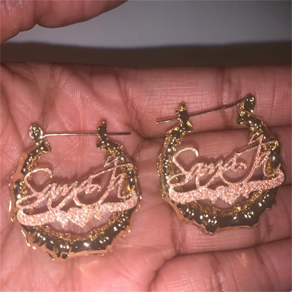 Noelia Custom Name Earrings Personalized Colorful Sticker Bamboo Hoop Earrings Stainless Steel Bling Name Earring for Women Gift