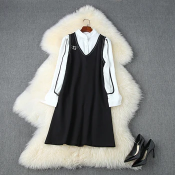 

Seifrmann Women Autumn Fashion Designer 2 Pieces Set Long Sleeve White Loose Blouses + Sleeveless A-Line Dress Two Pieces Suits