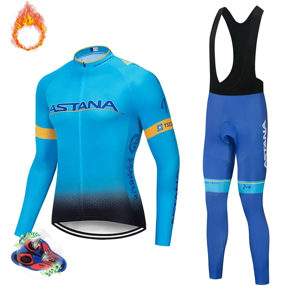 

2019 Blue ASTANA TEAM winter thermal fleece Cycling JERSEY Bike Pants set Men's Ropa Ciclismo 9D cycling Maillot Culotte wear