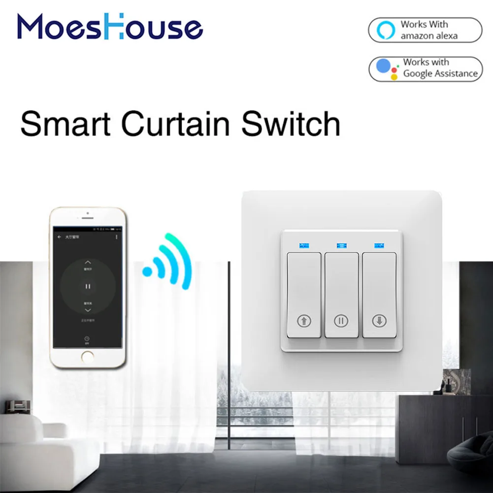 WiFi Smart Push Button Curtain Roller Blinds Shutter Switch Tuya Remote Control Motorized Motor Works with Alexa Google Home