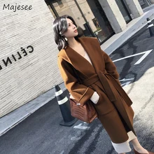 Зимнее пальто для женщин, однотонный элегантный пояс, новые трендовые женские пальто, высокое качество, корейская модная одежда для девушек, Kawaii, шерсть, простой шик