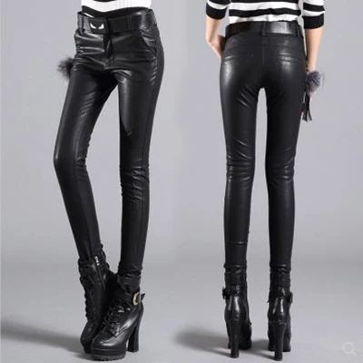 Кожаные женские брюки, зимние, новые, с высокой талией, тонкие, модные, дикие, ПУ кожа, брюки, обтягивающие, повседневные, узкие брюки, черные, Осенние - Цвет: black