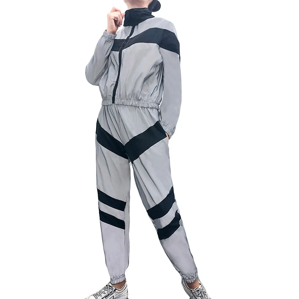 Women Casual Stitching Reflective Sports Set Long Sleeve Crop Tops+ Pants