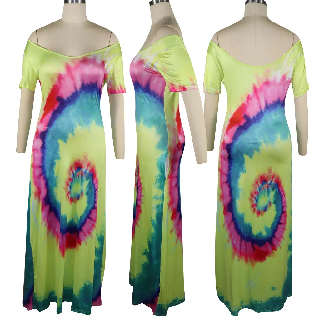 HAOYUAN Tie Dye сексуальное Макси платье женское осеннее с открытыми плечами длинное платье размера плюс свободное с коротким рукавом Бохо богемное пляжное платье