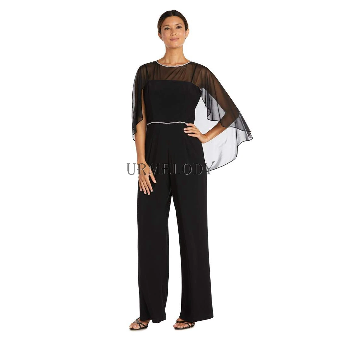 

Black Chiffon Mother's Evening Jumpsuit With Capelet Mother of the Bride Pantsuits