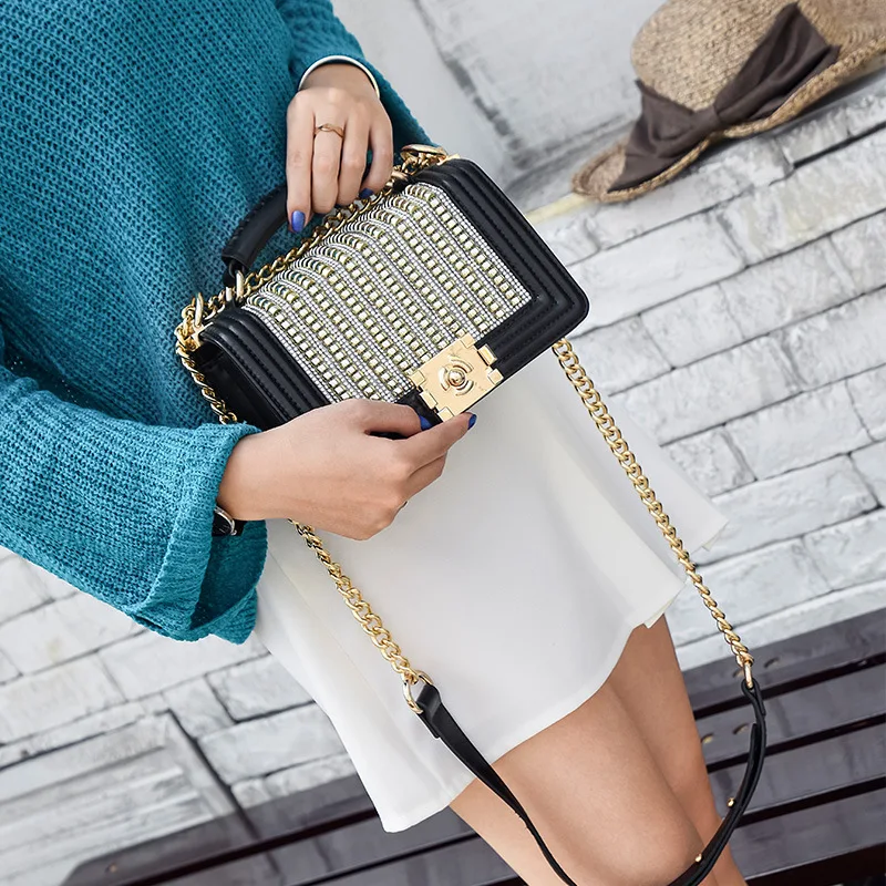 

2018 New Style WOMEN'S Bag Fashion Genuine Leather Rivet Rhombus Chain Bag Versatile Graceful Shoulder Handbag Bag