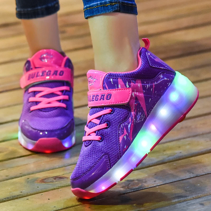 Детские кроссовки с двумя колесами, светящиеся Сникеры на подошве с подсветкой, светодиодный световой ролик, обувь для катания на коньках