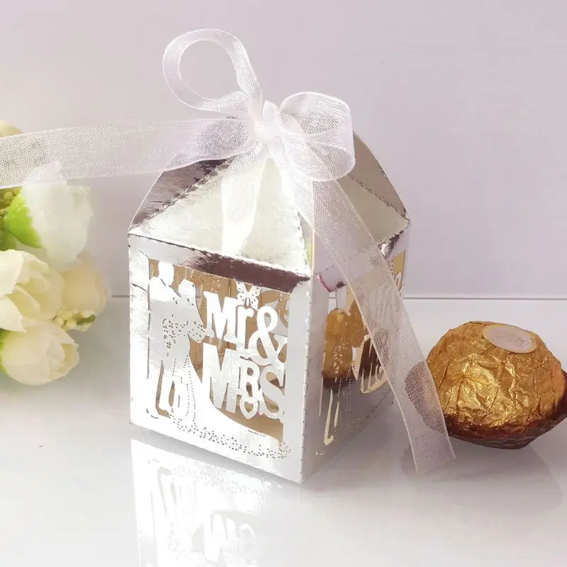 

25pcs/set MR & MRS Laser Cut Hollow Favors Gifts Candy Boxes With Ribbon Baby Shower Wedding Party Supplies