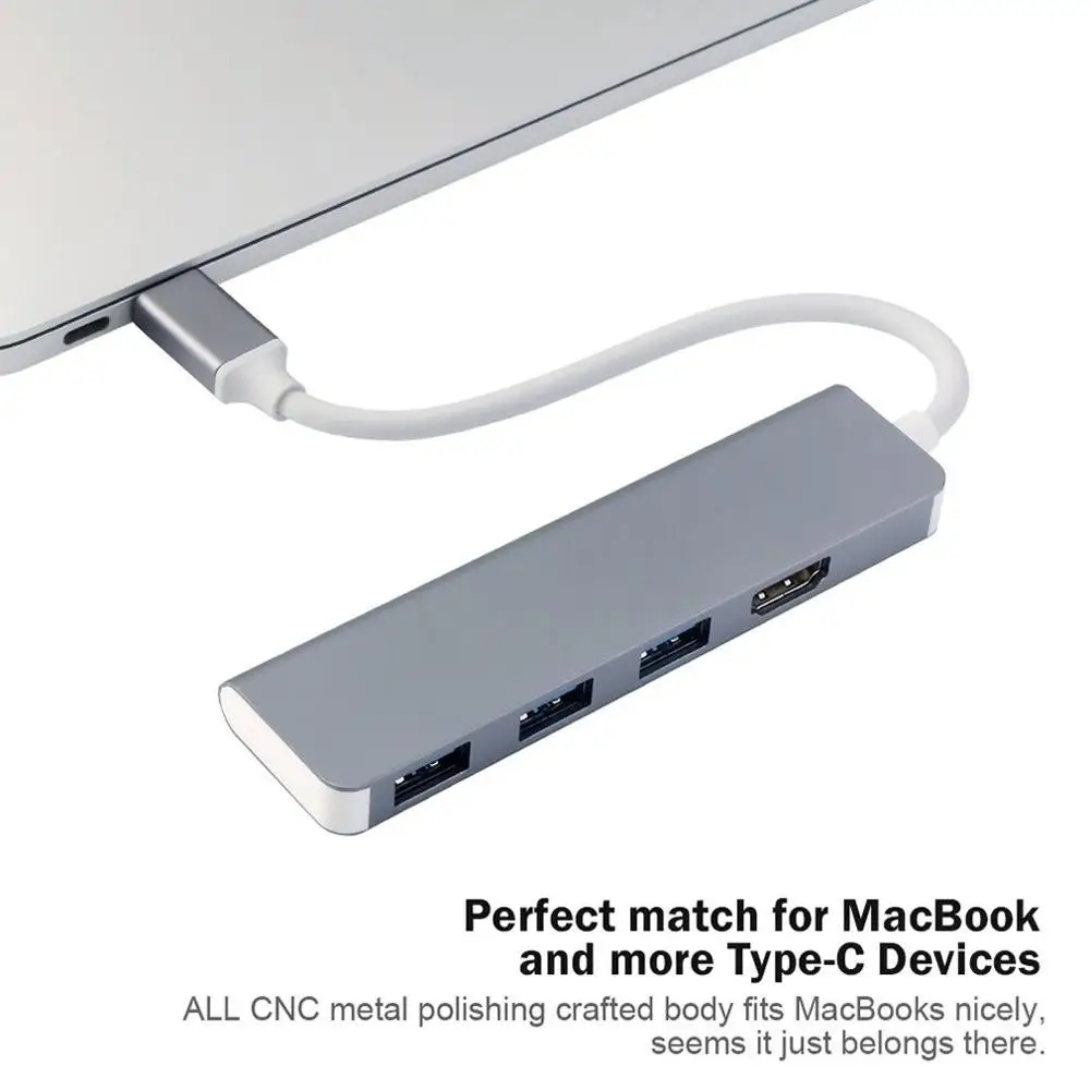 Изысканно Разработанный USB-C концентратор type-C адаптер к HDMI 3 USB 3,0 Портативный Алюминиевый USB C Ключ космический серый
