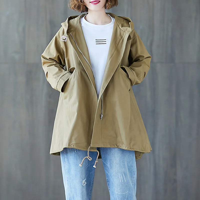 khaki Autumn Winter New Large Size Loose Thin Solid color Hooded Jacket Women Long Windbreaker Female Outerwear v1096 - Цвет: khaki