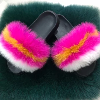 

2020 online celebrity Real hair The fox fur furry slippers women Drag a word fur maomao The shoes is cool flat woman shoes