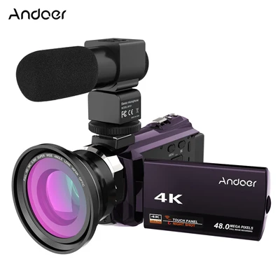 Andoer WiFi цифровая видеокамера 4K 1080P 48MP камера видеокамера рекордер с 0.39X макрообъектив микрофон сенсорный экран Ночной прицел - Цвет: Coffee Lens Mic