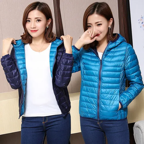 Navy-lake blue hood AYUNSUE, женские куртки, ультра легкий пуховик для женщин, новинка, осенне-зимнее пальто, куртки для женщин, двухсторонняя Женская куртка KJ530 - Цвет: Navy-lake blue hood