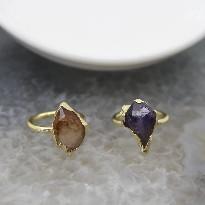 Dainty Natural Amethysts Rings Raw Citrines Purple Crystal Yellow Quartz Finger Ring Healing Jewelry For Woman's Gift | Украшения и