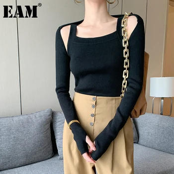 

[EAM] Off Shoulder Black Knitting Sweater Loose Fit Round Neck Long Sleeve Women Pullovers New Fashion Spring Autumn 2020 1Z419