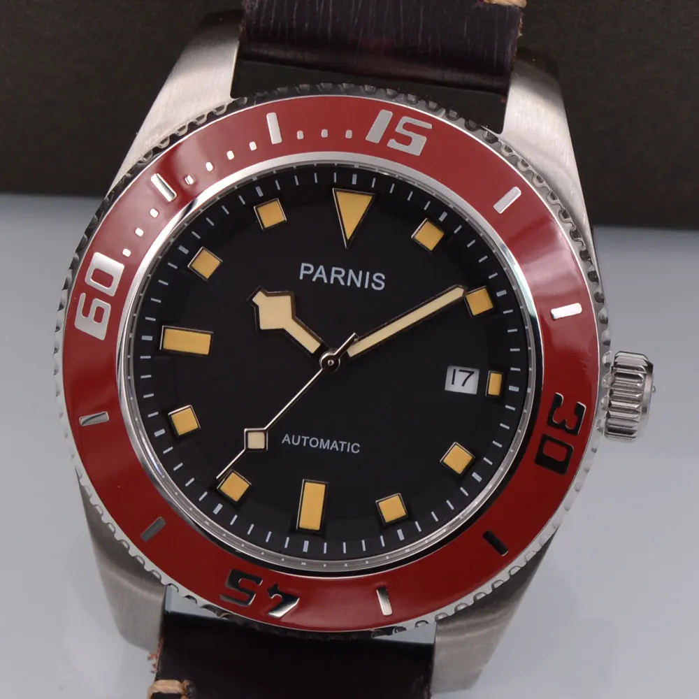 Parnis 43mm Black dial Brown leather strap automatic men's fashion casual mechanical watch