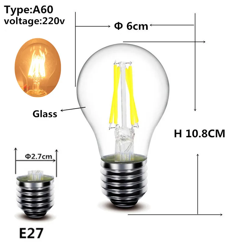 2 Вт, 4 Вт, 6 Вт, E27 E14 светодиодный лампы G45 C35 T45 лампа светильник 220v переменного тока небольшой светильник s украшения, хрустальные люстры светильник источник - Испускаемый цвет: A60 220V E27