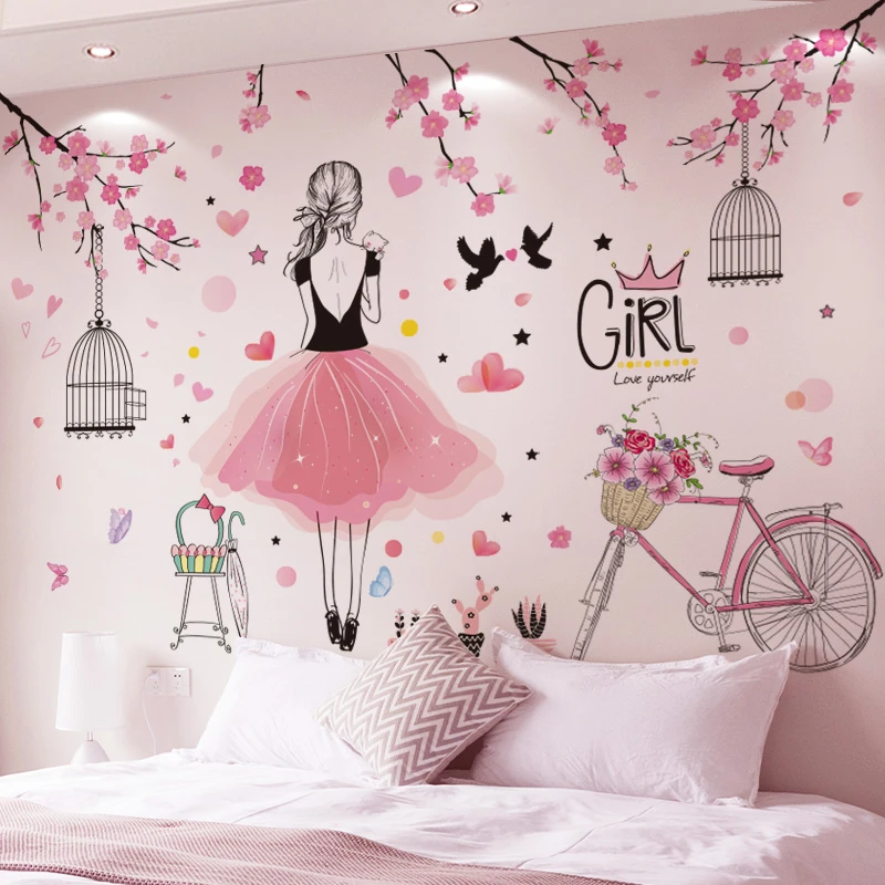 Pegatinas de pared de flores de cerezo para bicicleta, calcomanías de murales de dibujos animados para casa, sala de estar, decoración de dormitorio para niños|Adhesivos para pared| - AliExpress