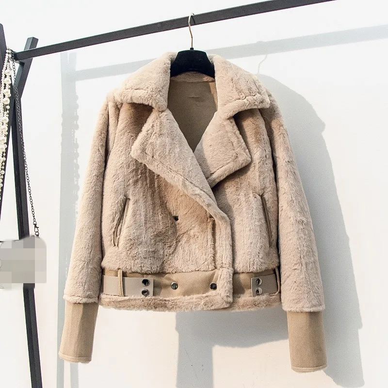 Korean Thick Womens Faux Fur Shearing PU Leather Jackets Winter New Long Sleeve Turn Down Collar Warm Slim Big Size Short Coats | Женская