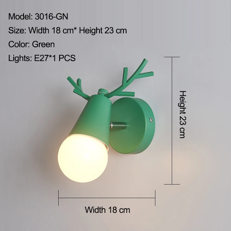 Регулируемый светодиодный настенный светильник в скандинавском стиле с цветными рогами оленя из мультфильма, бра для чтения в спальню, настенное освещение для детской комнаты E27 - Цвет абажура: 3016 green