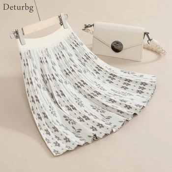 

Women's Elegant Knitted Ditsy Floral Skirt High Quality Female High Waist Thick Pleated Short A-Line Skirts Autumn Winter SK567