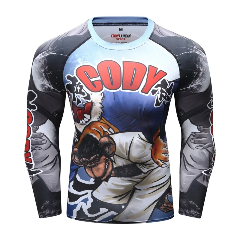 

2019 Mens Fitness t-shirt Compression O-Neck Long sleeves T Shirt Animal 3D Prints MMA Rashguard Tights bodybuilding Man T-Shirt