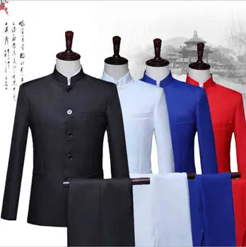 

2 Piece Set Tuxedo Suit For Men Black Chinese Style Vintage Formal Dress Stand-Collar Chinese Tunic Suit For Men Plus Size 3XL