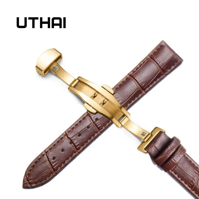 Gold-brown UTHAI Z09 плюс Натуральная кожа Ремешки для наручных часов 12-24 мм Универсальные часы Бабочка Пряжка группа сталь Пряжка ремешок наручный ремень браслет - Цвет ремешка: Gold-brown