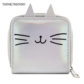 

Women's Short Small Holographic Wallet Cartoon Cat Lady PU Leather Coin Card Holder Money Purse