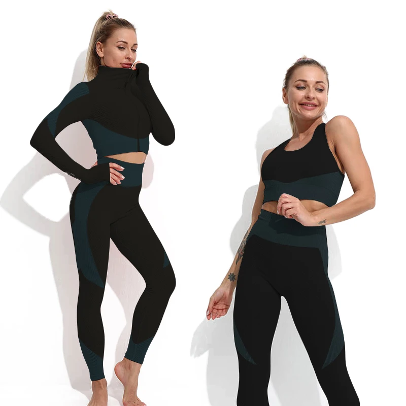 Yoga Set Gym Workout Set Yoga Pants Set Fitness Set Sports Set Sportswear Set 2/3 Pieces Yoga Set Bar High-Waisted Tight Pants Gym Exercise Clothing Suitable Sportswear For Women Zipper Jacket Leggings Suit