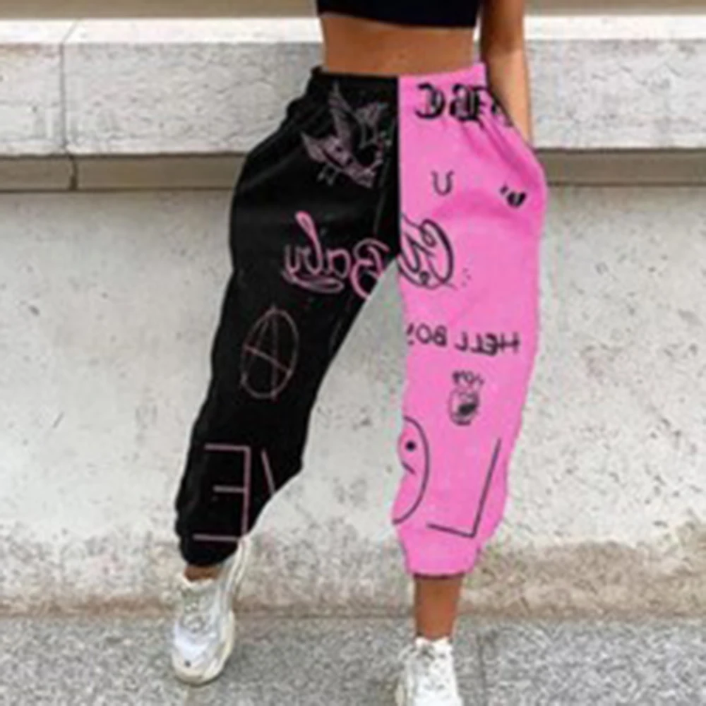 

VERTVIE Pattern Skull Print Patchwork Pants Autumn Elastic Waist Pocket Overalls Women Casual Streetwear Sweatpants
