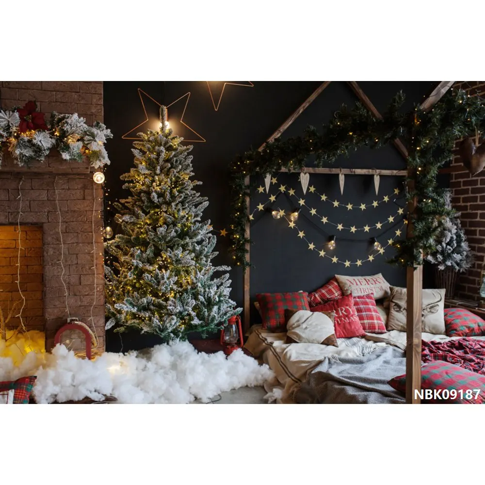 Laeacco Winter Light Lamp Bed Christmas Pillow Baby Photography Backgrounds Customized Photographic Backdrop For Photo Studio - Цвет: NBK09187