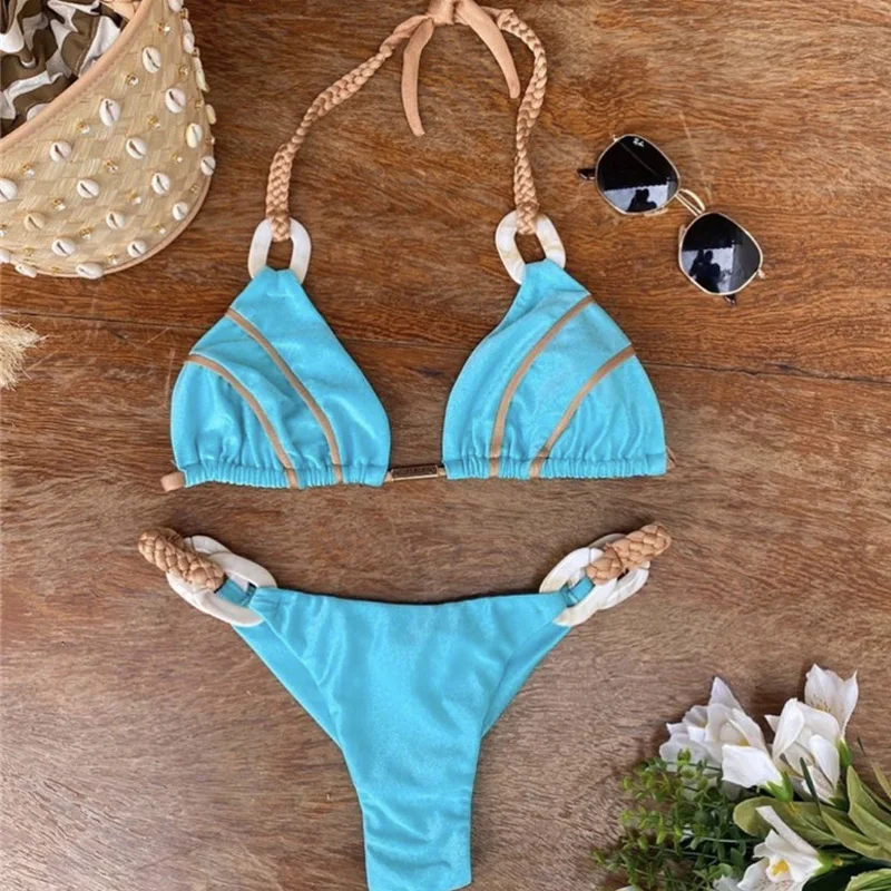Weave triangle swimsuit separate biquinis women new two piece suit Ring sexy bathing suit swimming Halter micro swimwear