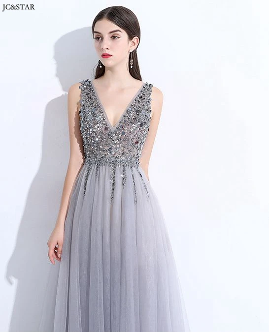 Robe de demoiseur d honneur, новинка, тюль, расшитое бисером, сексуальное, v-образный вырез, высокий разрез, ТРАПЕЦИЕВИДНОЕ, серебристо-серое платье подружки невесты, со шлейфом, для свадебного гостя