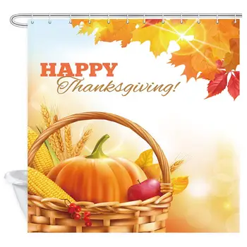 

Thanksgiving Day Shower Curtain, Thanksgiving Day Background with Pumpkins Fruits and Wheat Ears Bathroom Curtain, Polyester