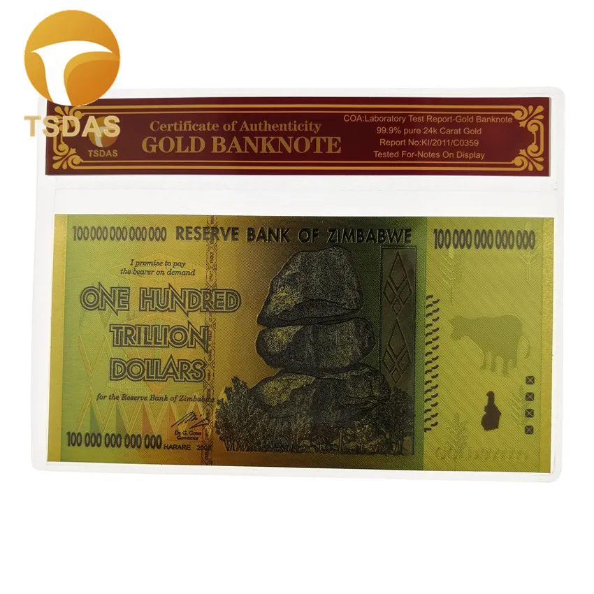 Luxury Zimbabwe Gold Banknotes New Year Gifts Colored Foil Bill with COA Frame for Collection|Золотые банкноты| |