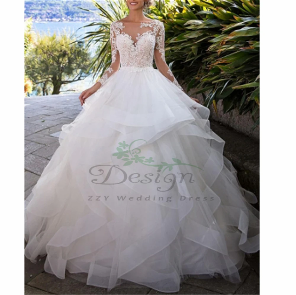 

Dreamy gown Modern White Illusion Long Sleeves Organza And Tulle Wedding Dresses Court Train Vestido De Festa