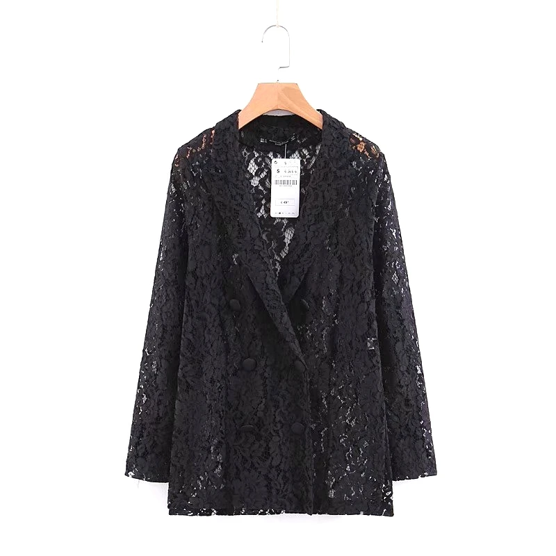 

Fashion Women Za Casual Casaco Sexy Hollow Out Lace Jacket Vintage Chic Double Breasted Coat Turn-down Collar Long Sleeve Femme