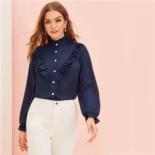 SHEIN темно-синяя Офисная Женская блузка с воротником-стойкой и рюшами, женские топы, осенний рукав-волан, однотонные элегантные блузки на пуговицах спереди - Цвет: Navy