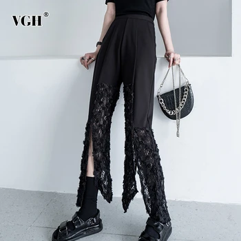 

VGH Casual Patchwork Lace Women Pants High Waist Hollow Out Side Split Irregular Striaght Pant Female Fashion 2020 Clothing Tide