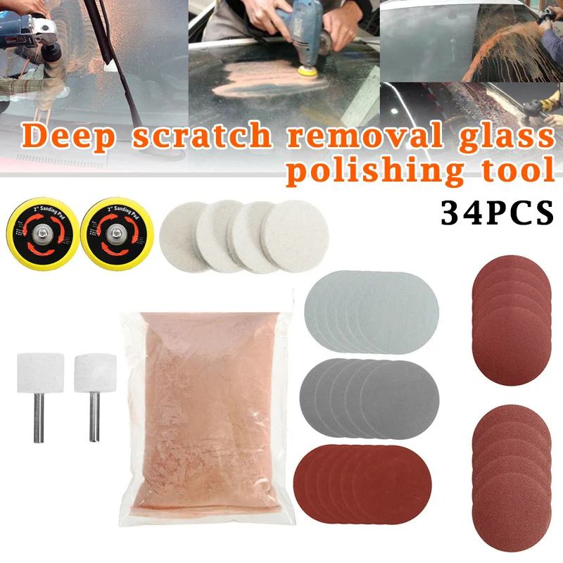 34pcs/Set Deep Scratch Remover Car Glass Polishing Kit Cerium Oxide Powder Sanding Disc LB88