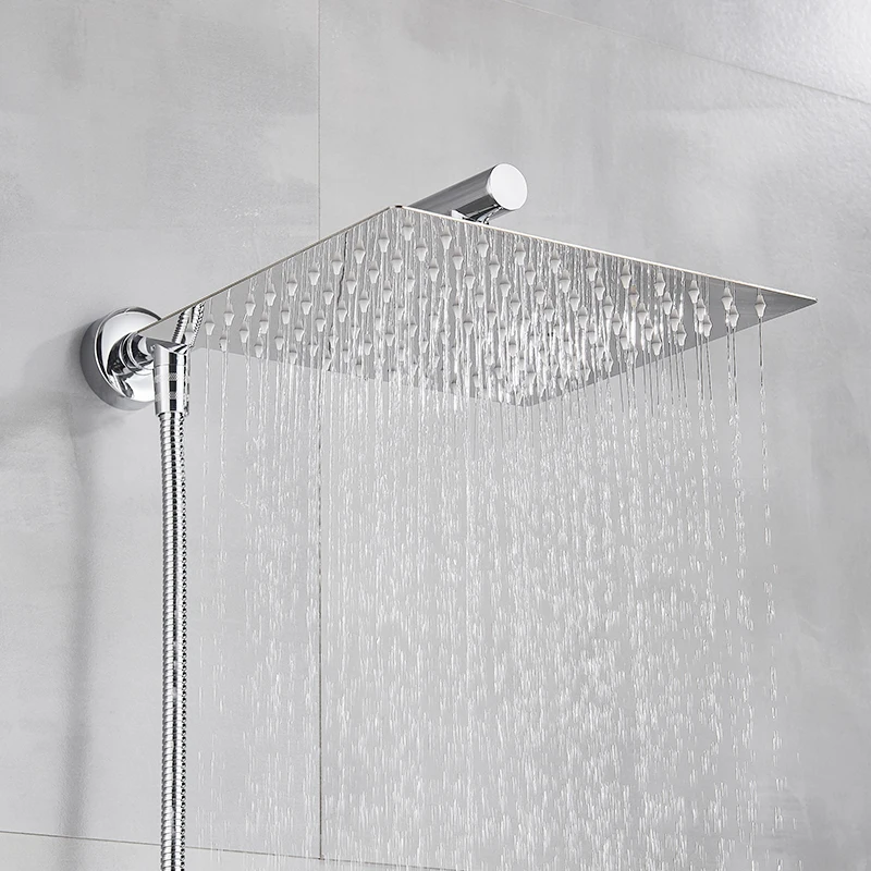 Quyanre Chrome Rainfall Shower Faucet Wall Mount Bathroom Shower System Ultrathin Head Arm Hose